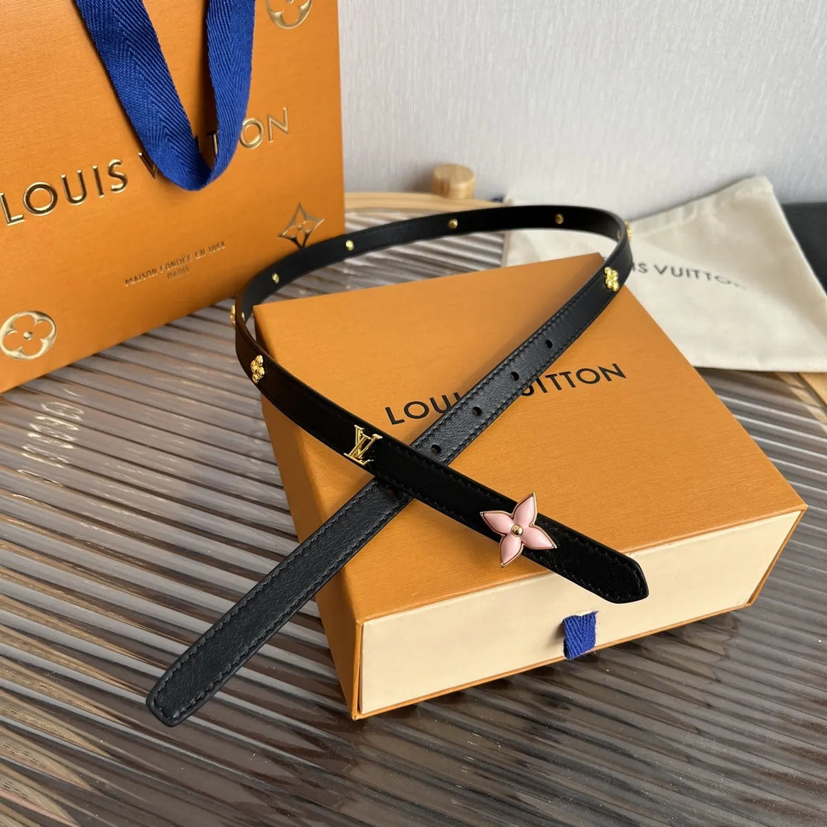 pink Louis Vuitton Black Leather Belt