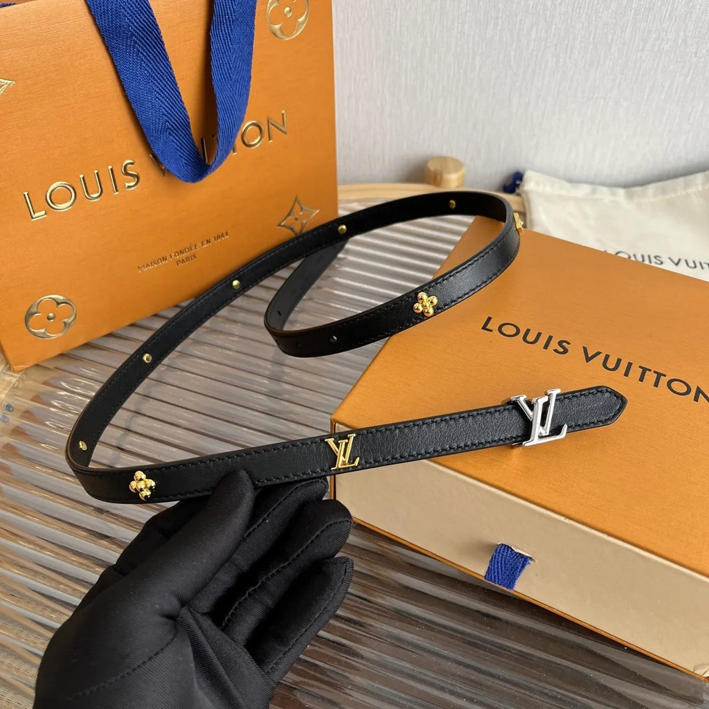 silver Louis Vuitton Skinny Black Leather Belt