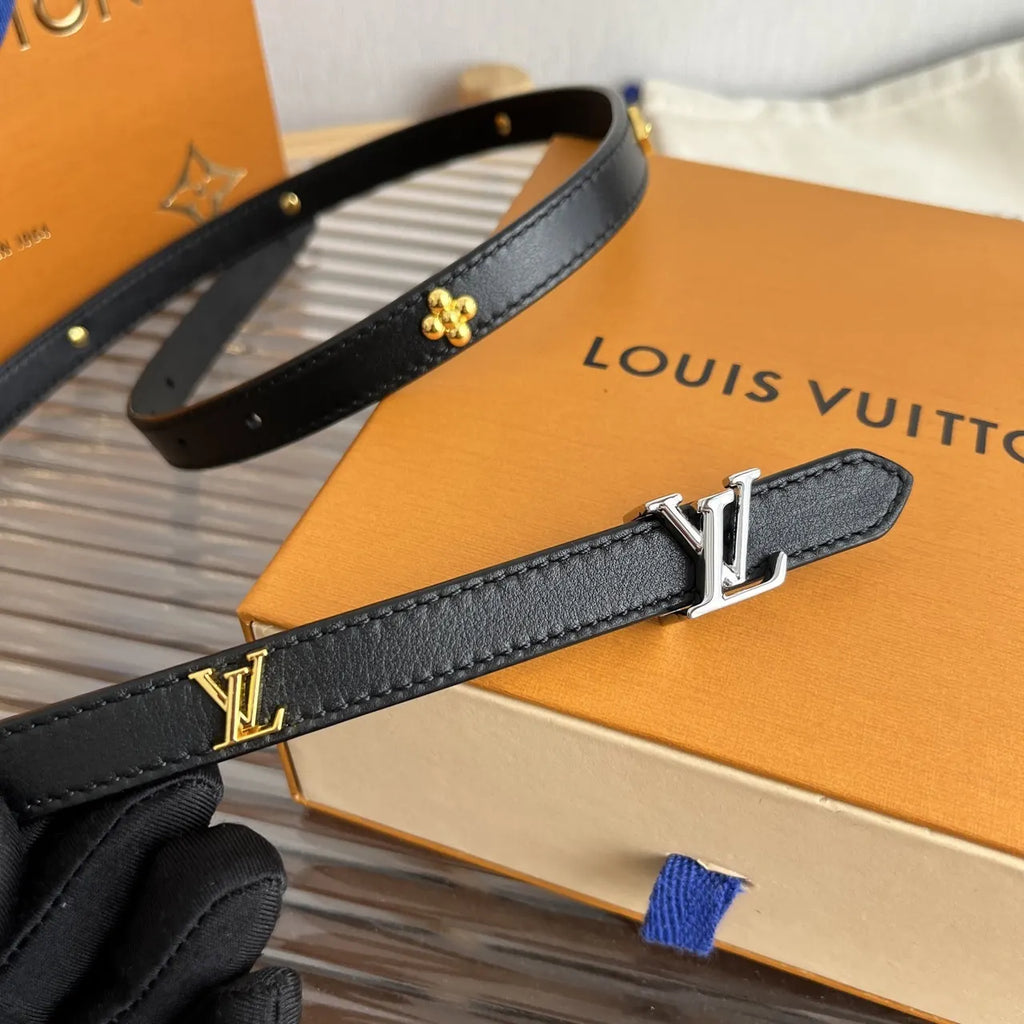 silver Louis Vuitton Skinny Black Leather Belt - Hình 2