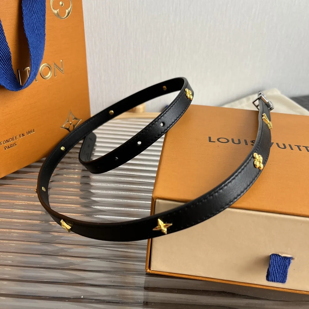silver Louis Vuitton Skinny Black Leather Belt - Hình 3
