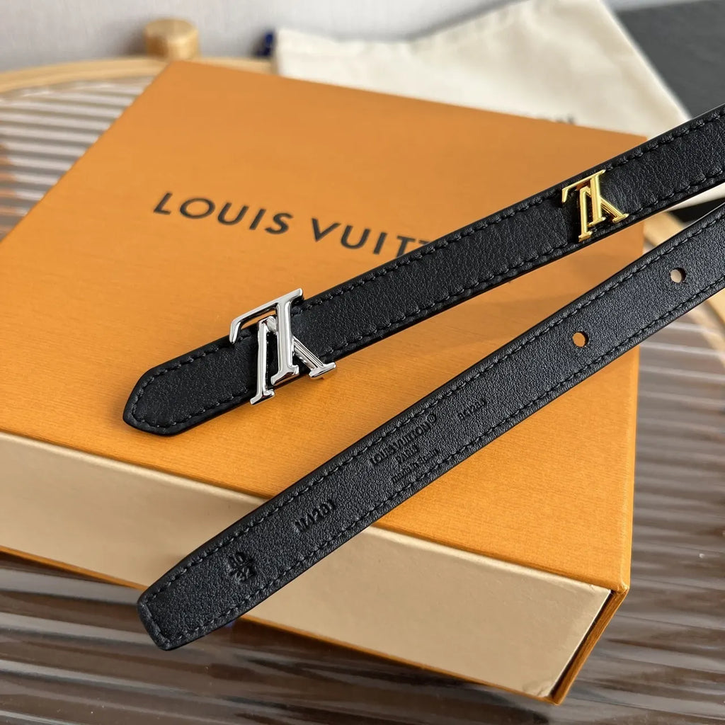 silver Louis Vuitton Skinny Black Leather Belt - Hình 4