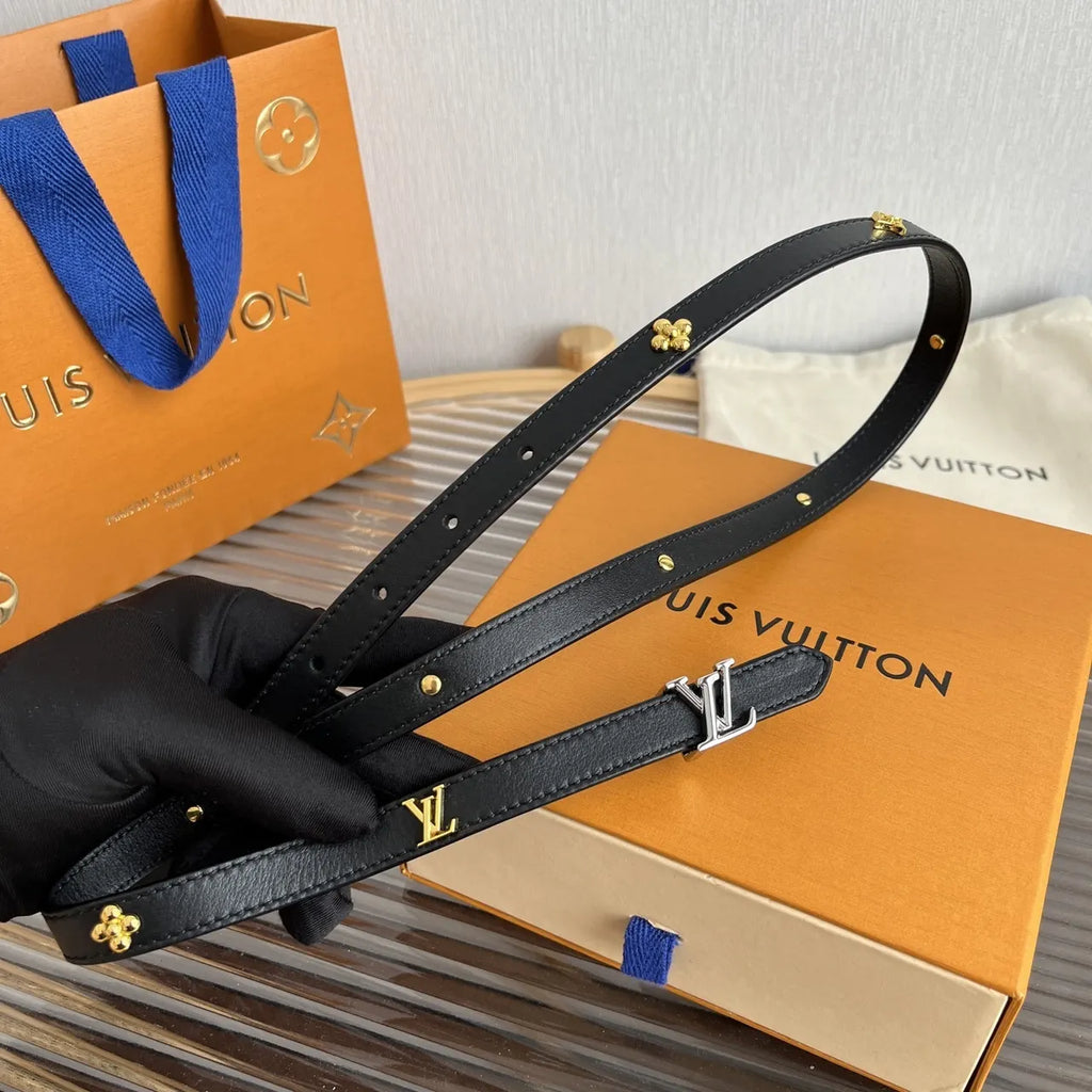 silver Louis Vuitton Skinny Black Leather Belt - Hình 6