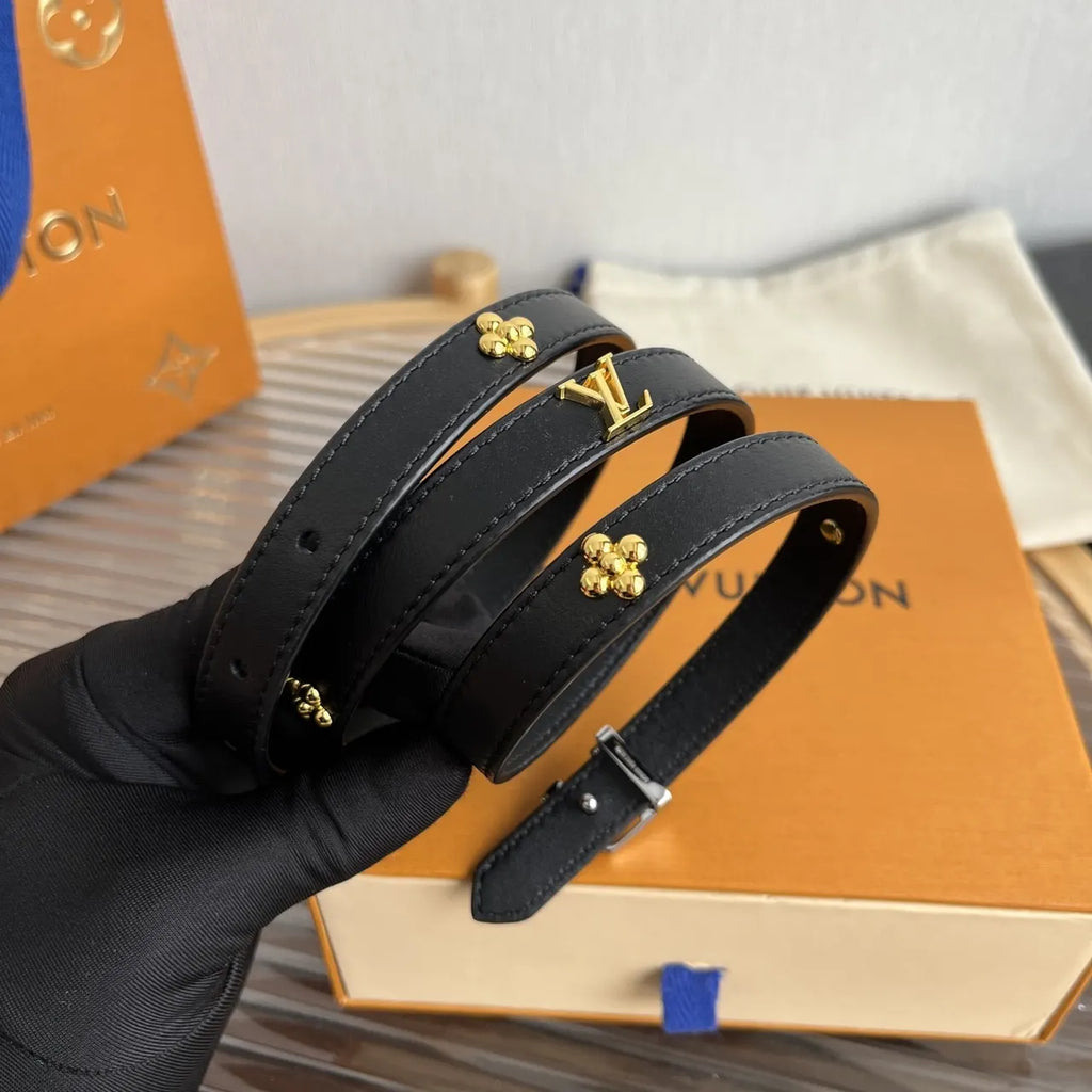 silver Louis Vuitton Skinny Black Leather Belt - Hình 7