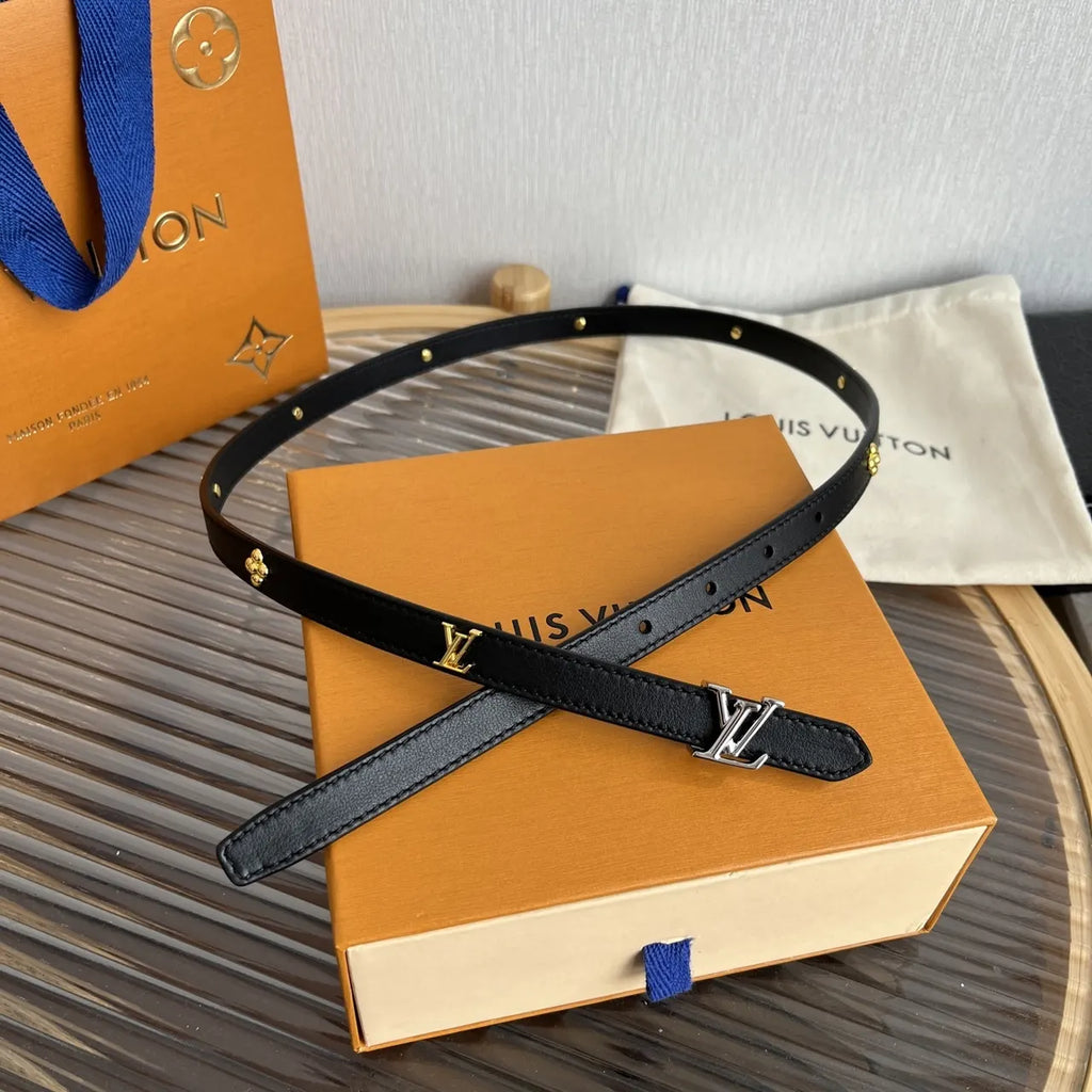 silver Louis Vuitton Skinny Black Leather Belt - Hình 9