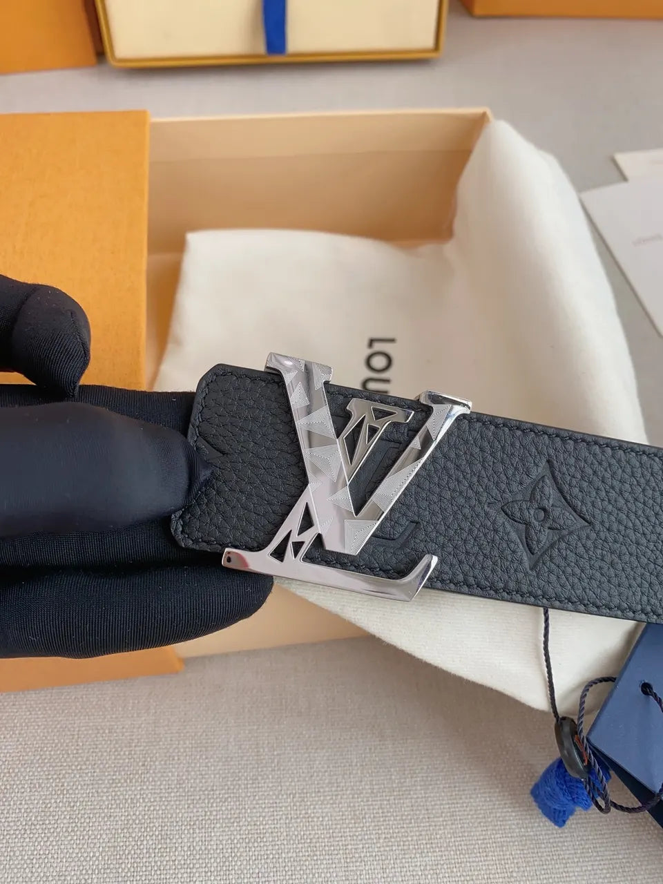 LV Black Leather Geometric Belt