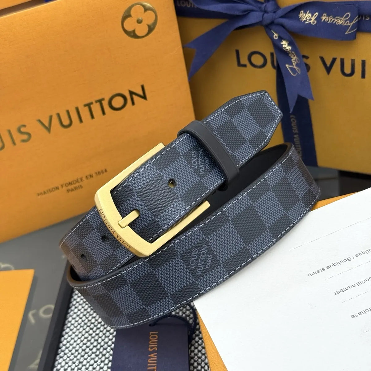 gold Louis Vuitton Damier Cobalt Belt