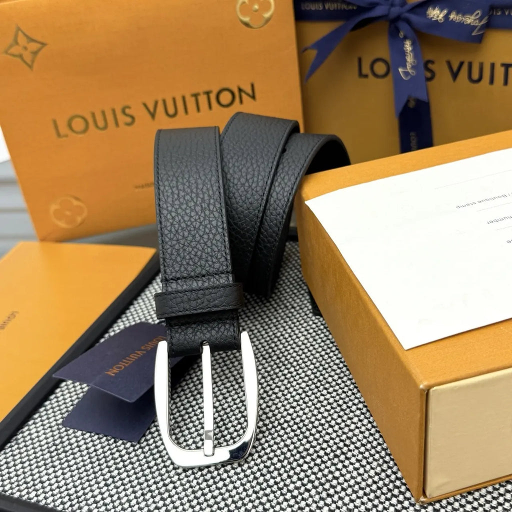 Louis Vuitton Black Pebbled Leather Belt silver - Hình 2