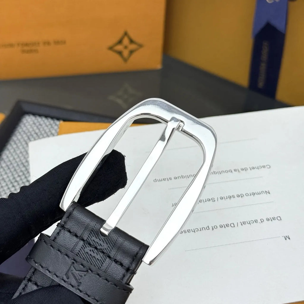 LV Grained Black Leather Belt - Hình 5