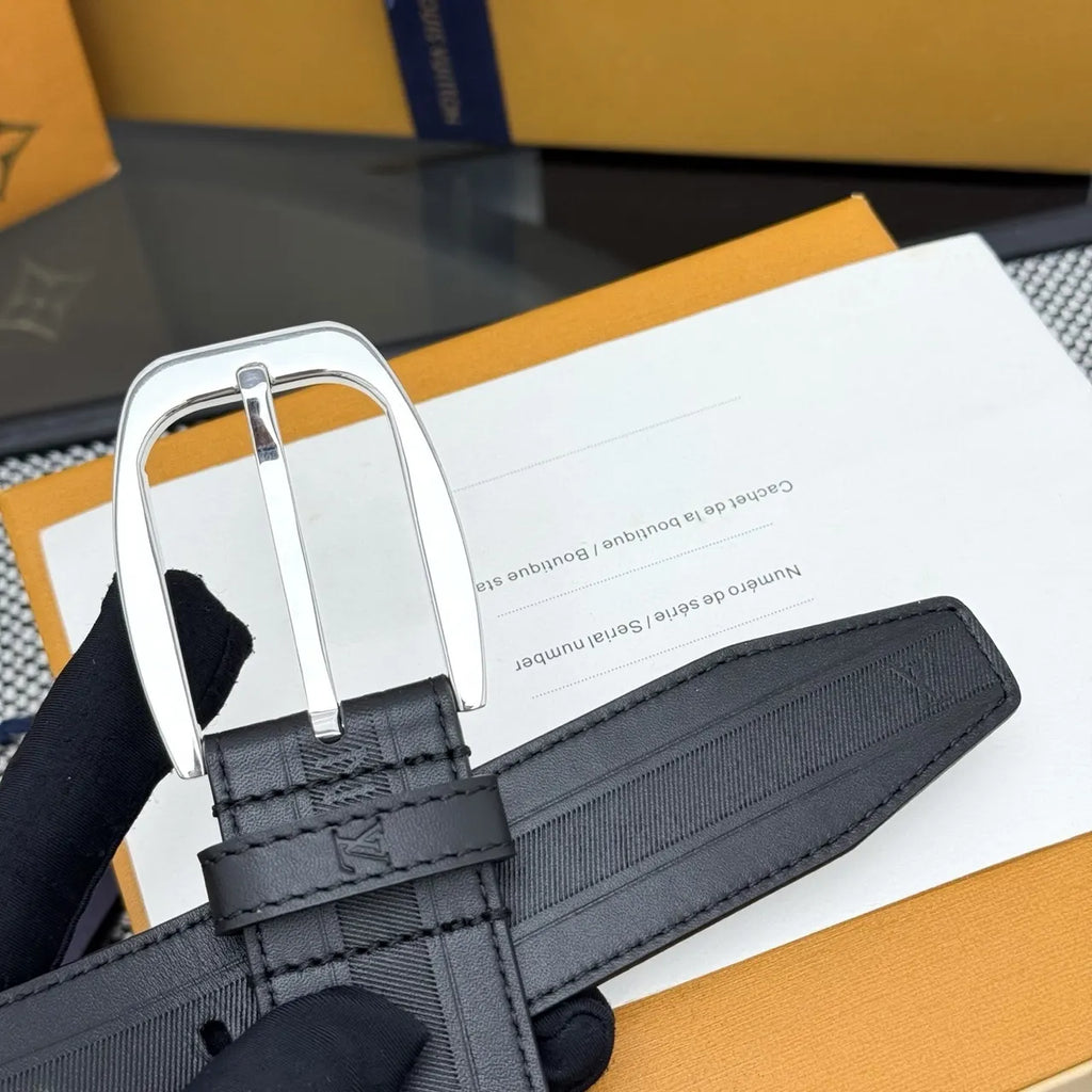 LV Grained Black Leather Belt - Hình 8