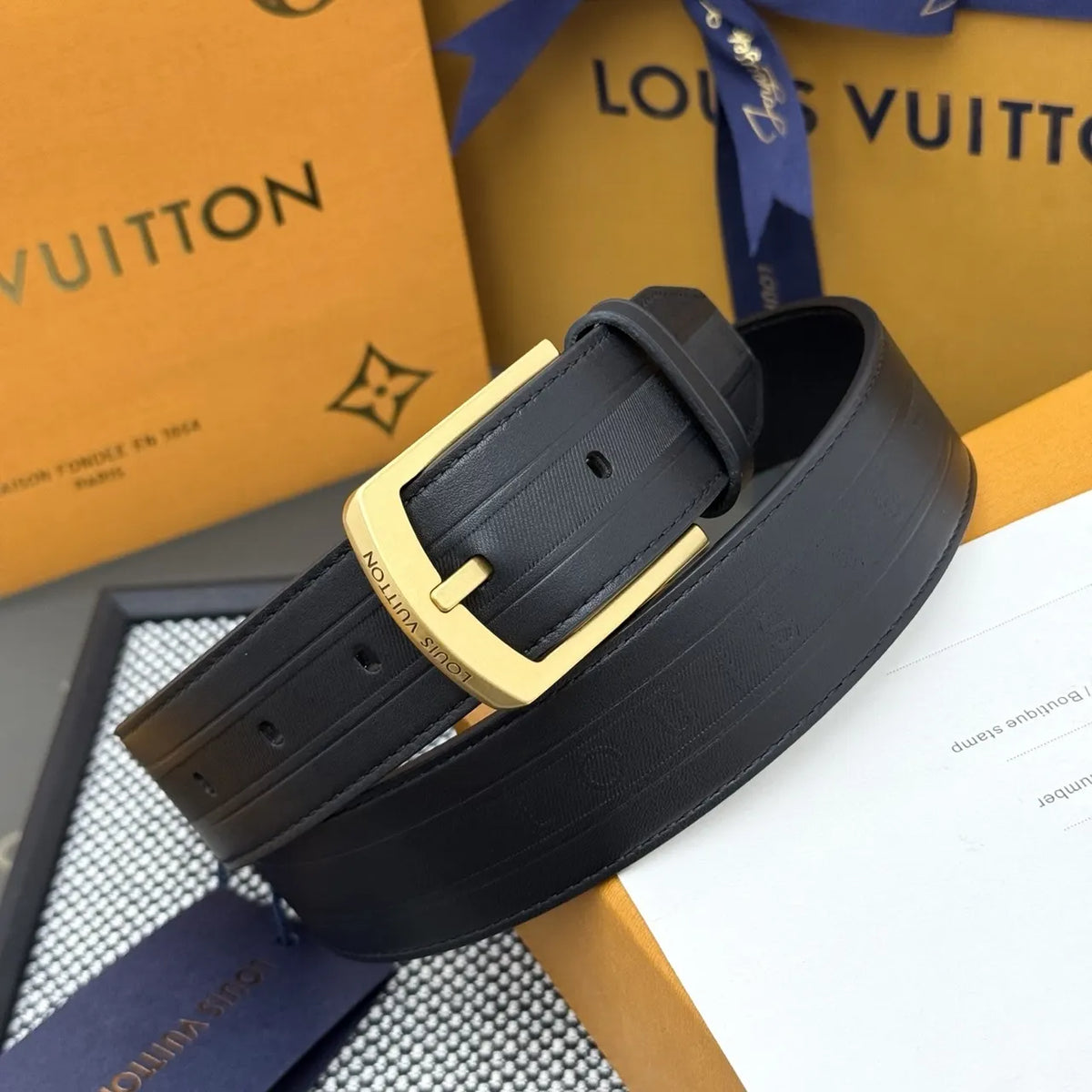 LV Black Striped Leather Belt