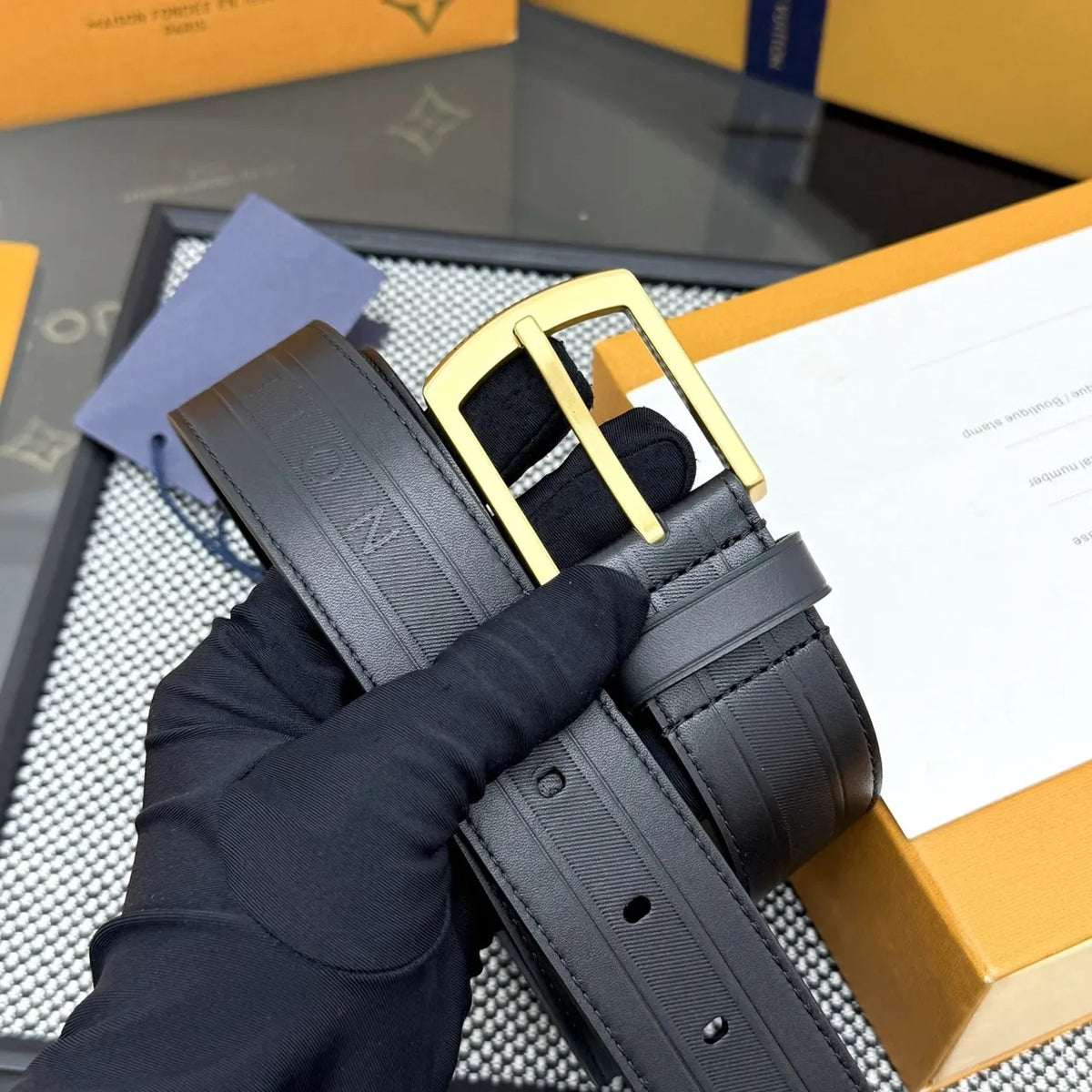 LV Black Striped Leather Belt - Hình 7