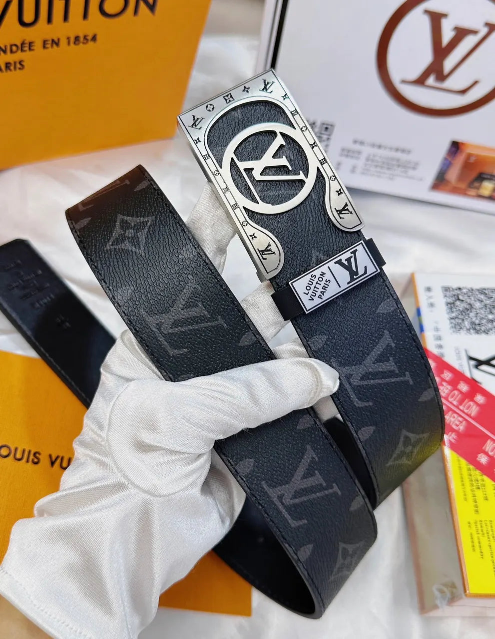 silver Louis Vuitton Black Monogram Belt