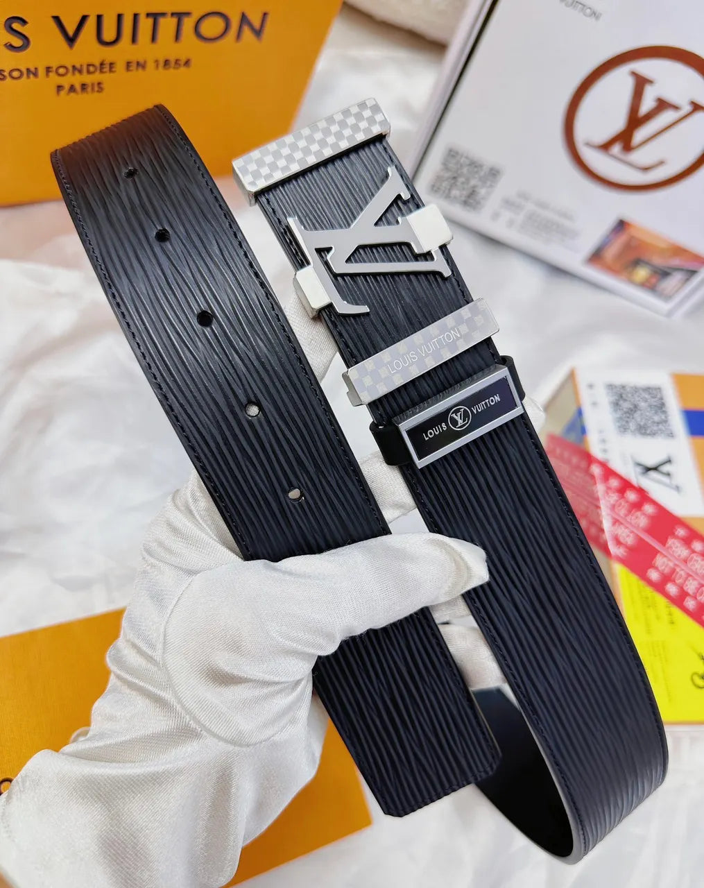 Louis Vuitton Black Epi Leather Belt silver lv - Hình 7