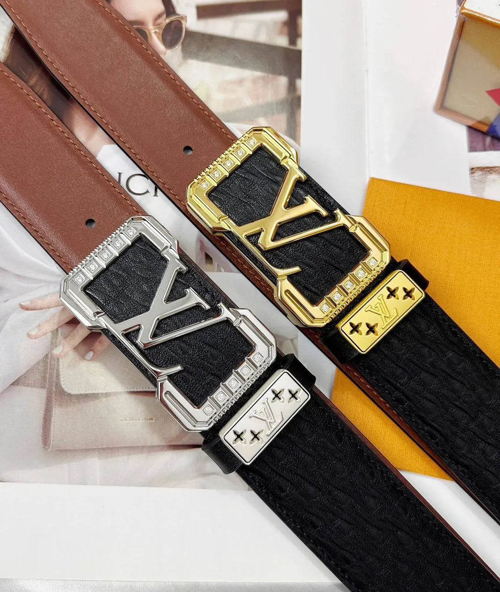 black Louis Vuitton Gold Crystal Belt - Hình 9