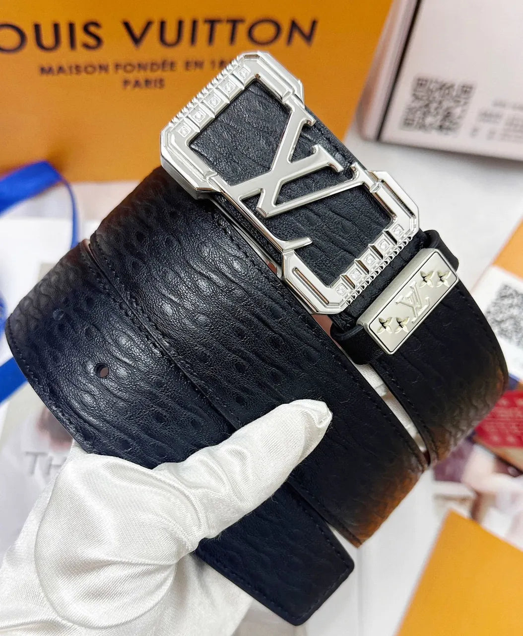 Black Textured Leather Belt - Hình 2
