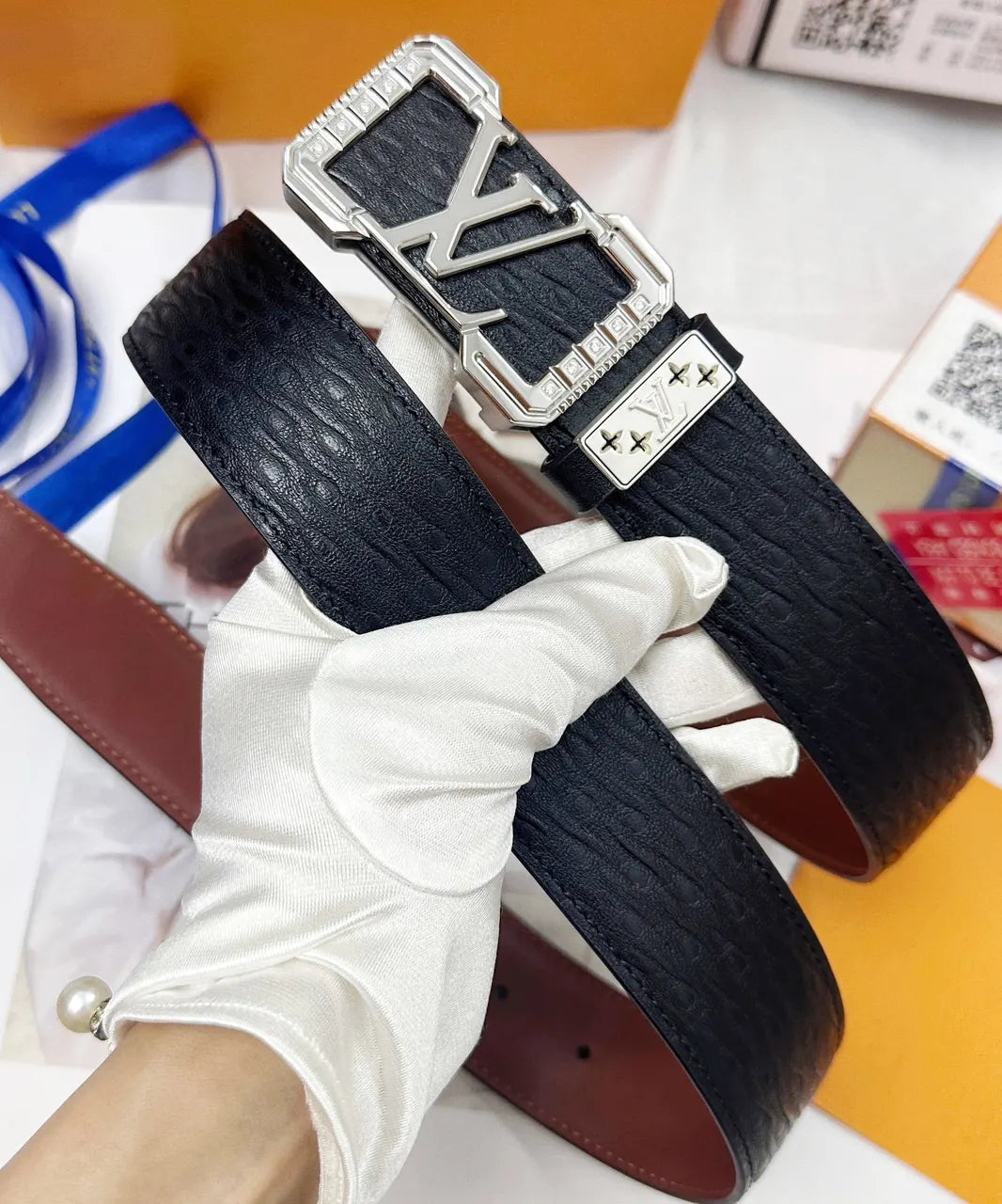 Black Textured Leather Belt - Hình 3