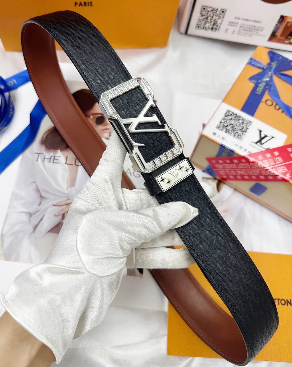 Black Textured Leather Belt - Hình 5
