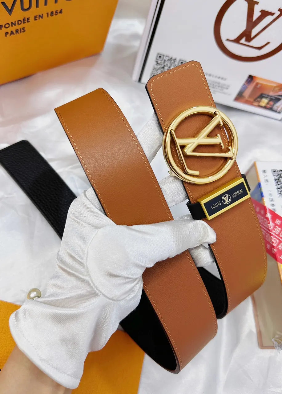 circular Louis Vuitton Caramel Leather Belt - Hình 6