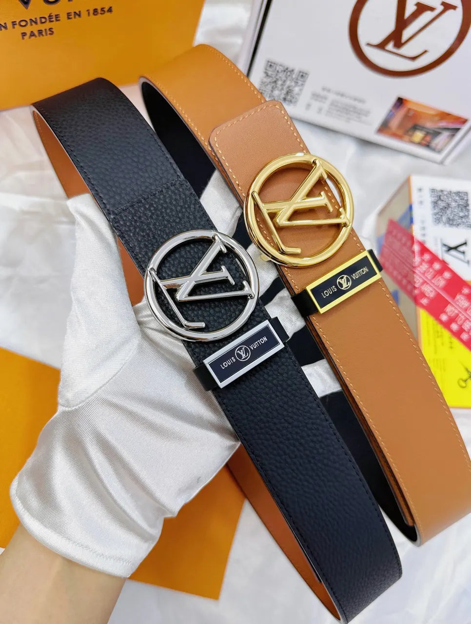 circular Louis Vuitton Caramel Leather Belt - Hình 9