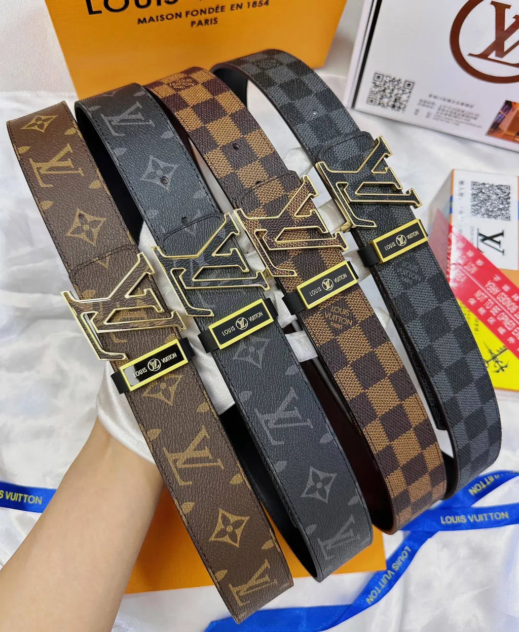 gold lv Louis Vuitton Damier Azur Belt