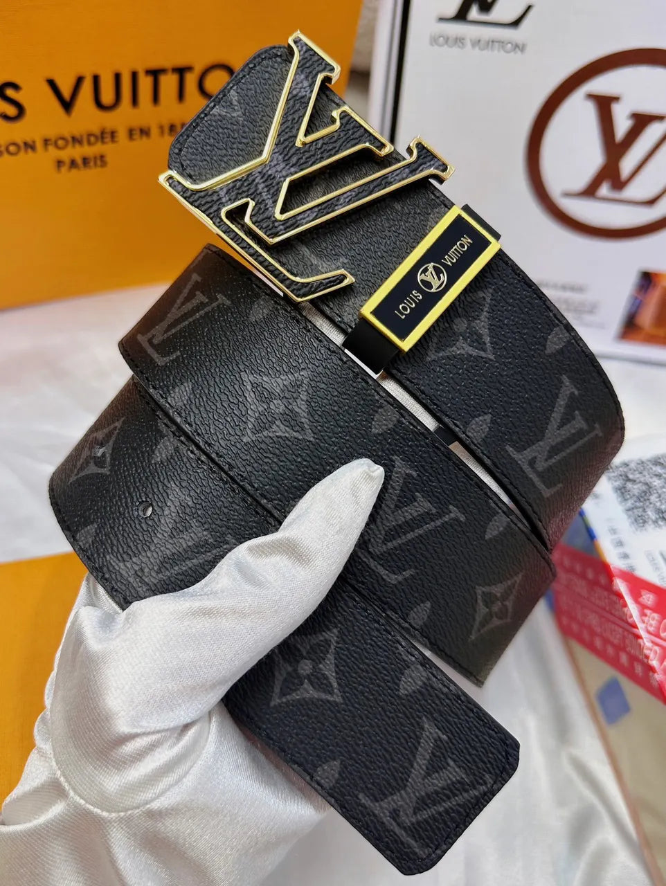 gold Louis Vuitton Black Monogram Belt - Hình 2