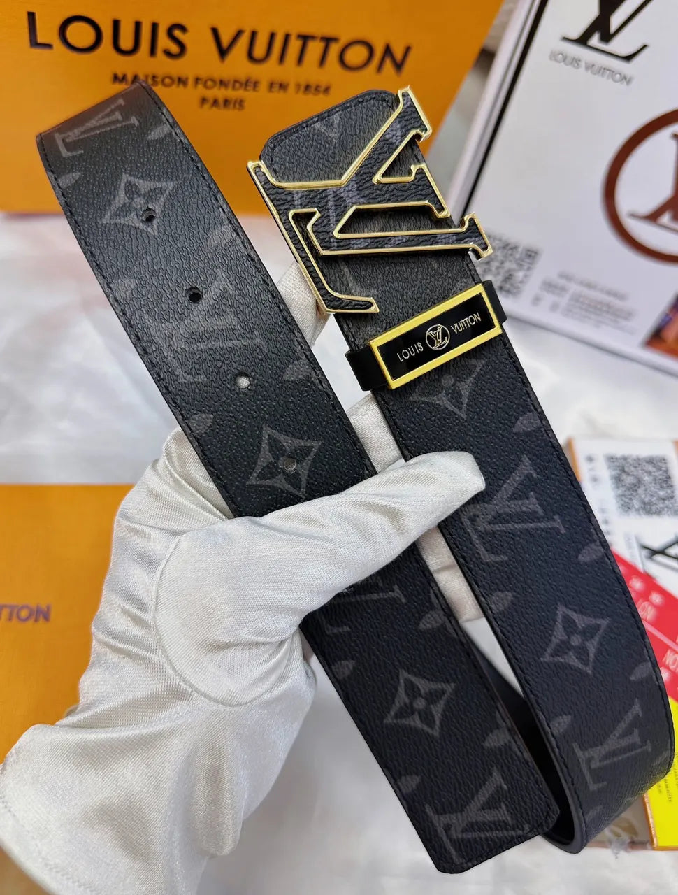 gold Louis Vuitton Black Monogram Belt - Hình 5