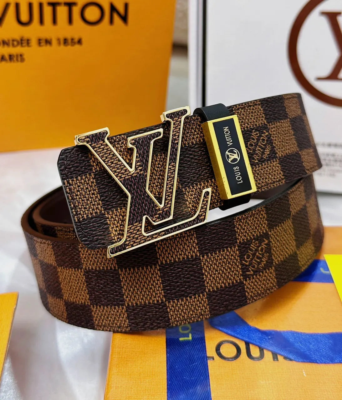 Damier Ebene Gold Buckle Belt