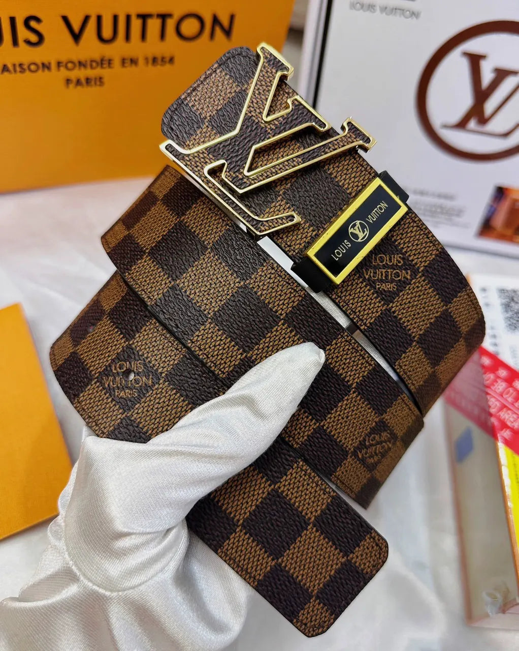 Damier Ebene Gold Buckle Belt - Hình 2