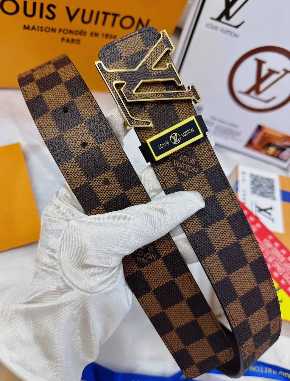 Damier Ebene Gold Buckle Belt - Hình 5