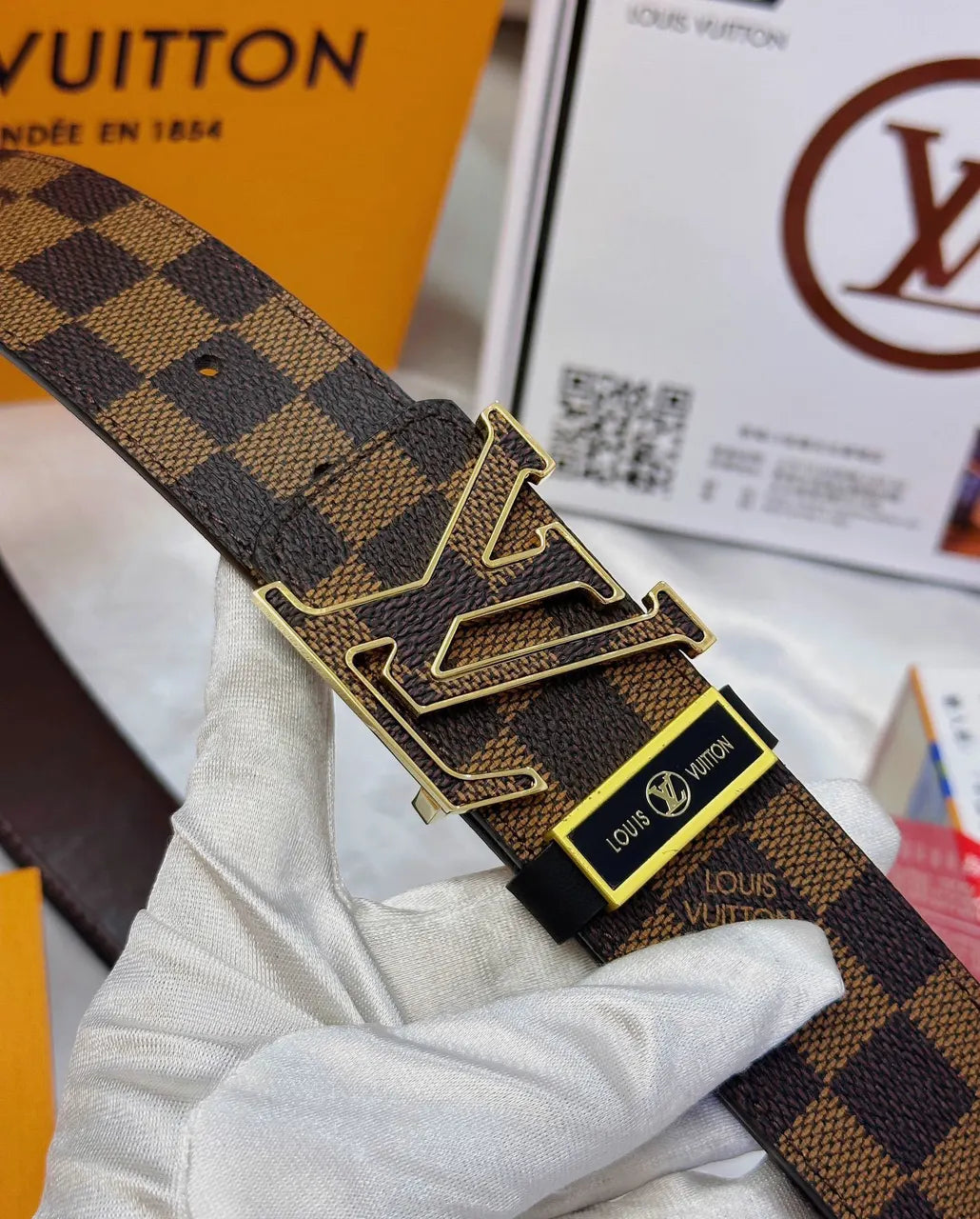 Damier Ebene Gold Buckle Belt - Hình 6