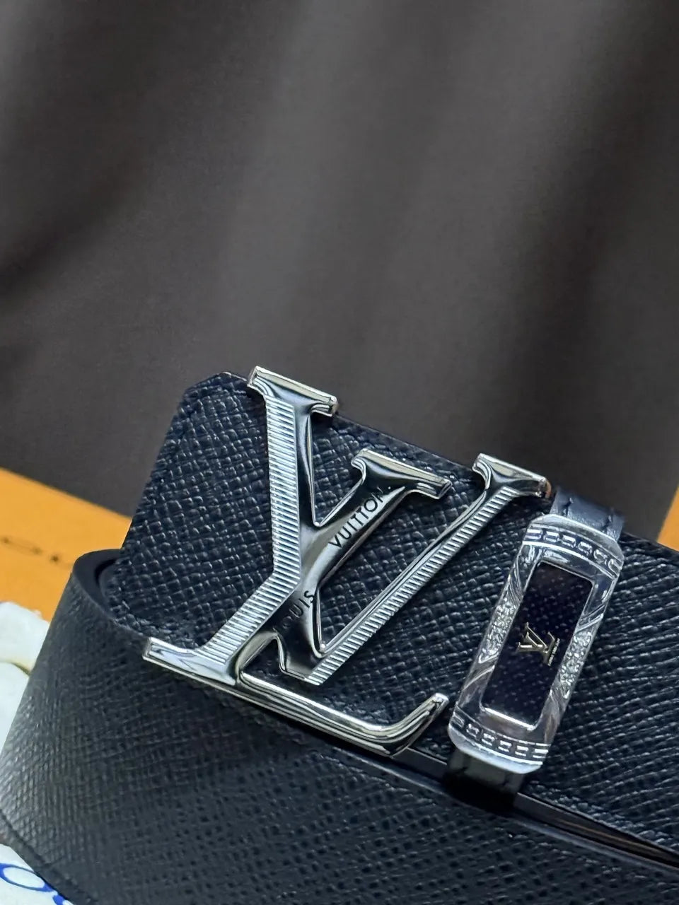 LV Black Leather Diamante Belt - Hình 2