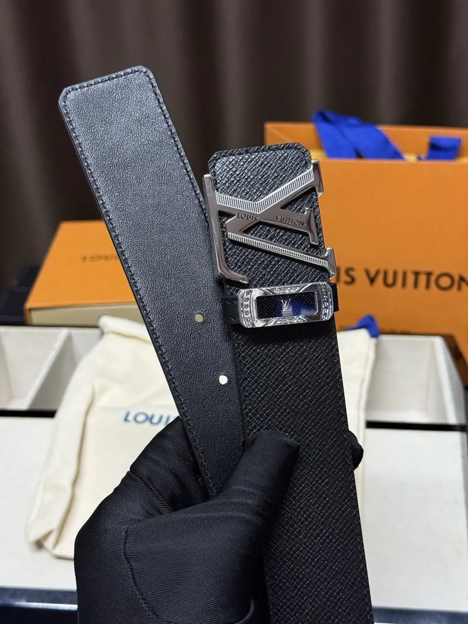 LV Black Leather Diamante Belt - Hình 4