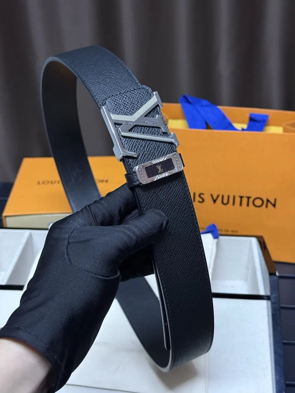 LV Black Leather Diamante Belt - Hình 6