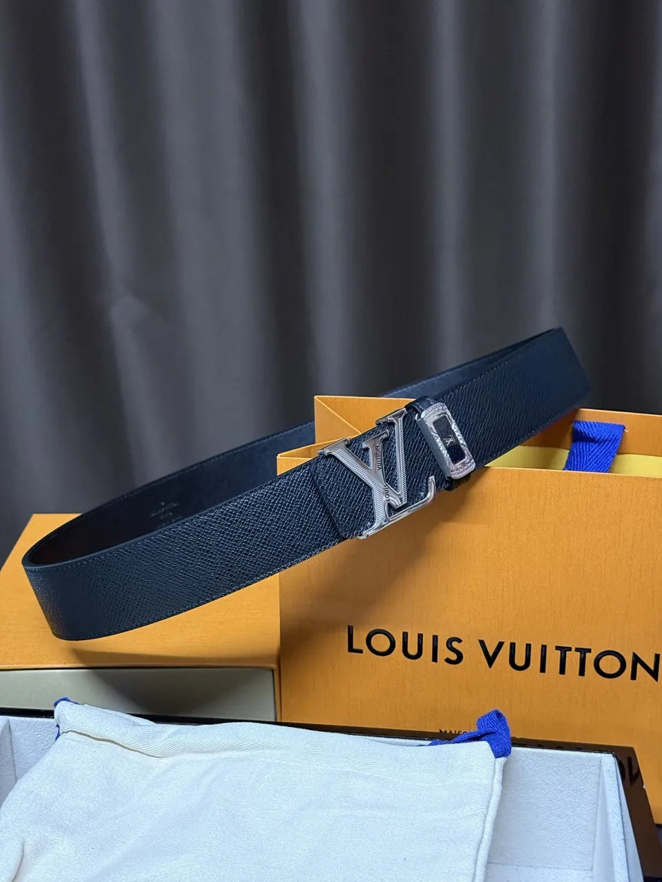 LV Black Leather Diamante Belt - Hình 7