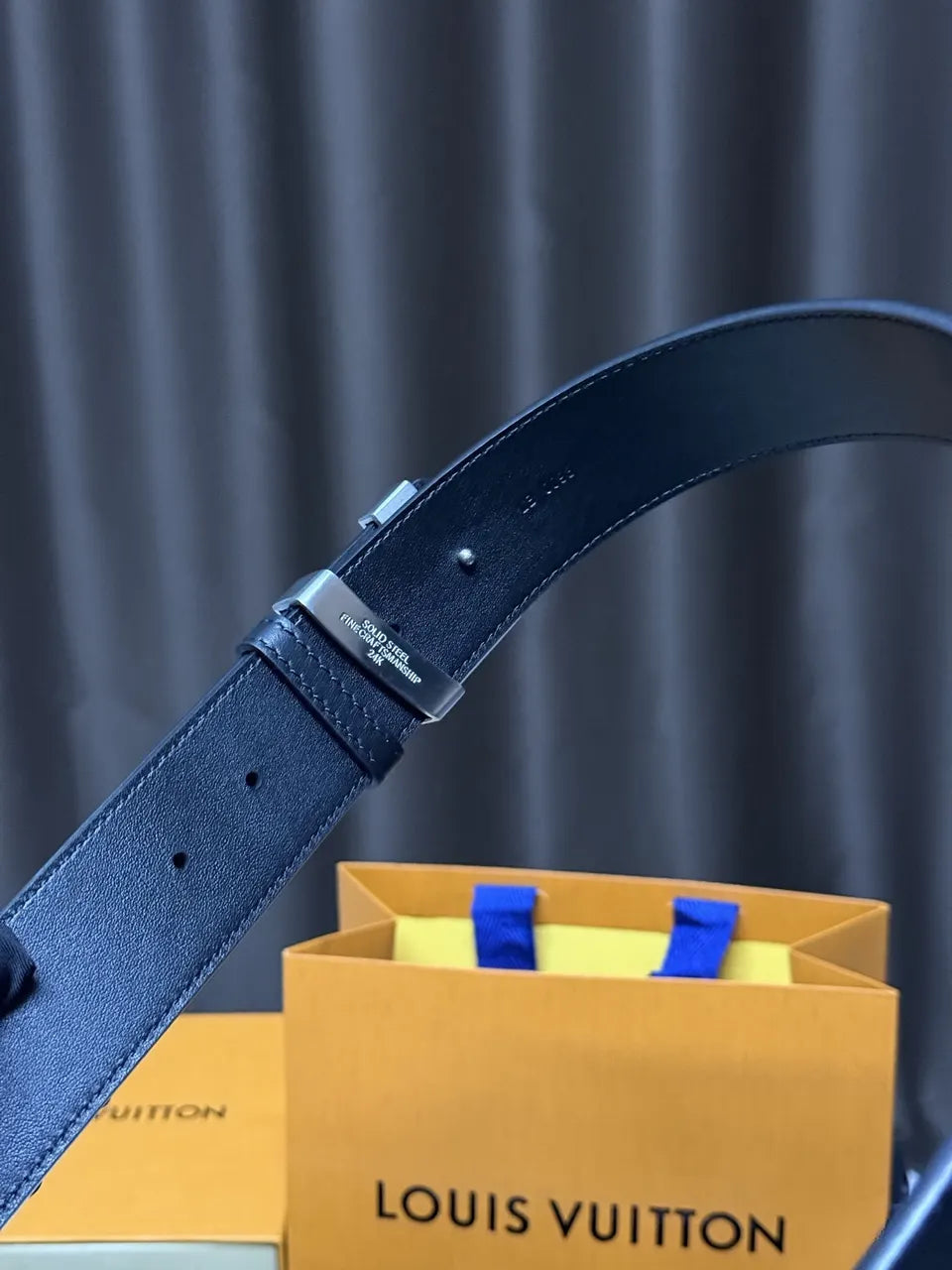 LV Black Leather Diamante Belt - Hình 9