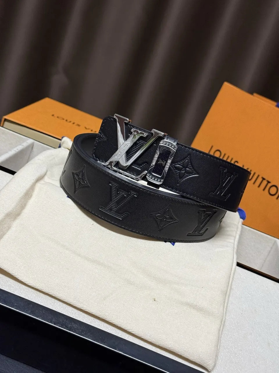 Louis Vuitton Black Embossed Belt silver