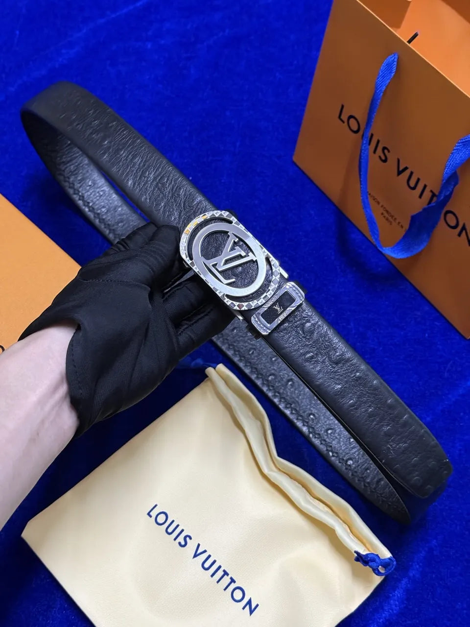 Louis Vuitton Black Ostrich Leather Belt - Hình 4