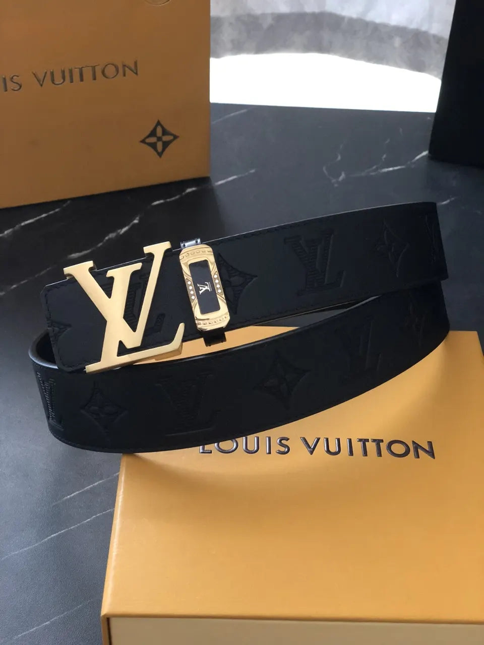 gold lv Louis Vuitton Black Embossed Belt