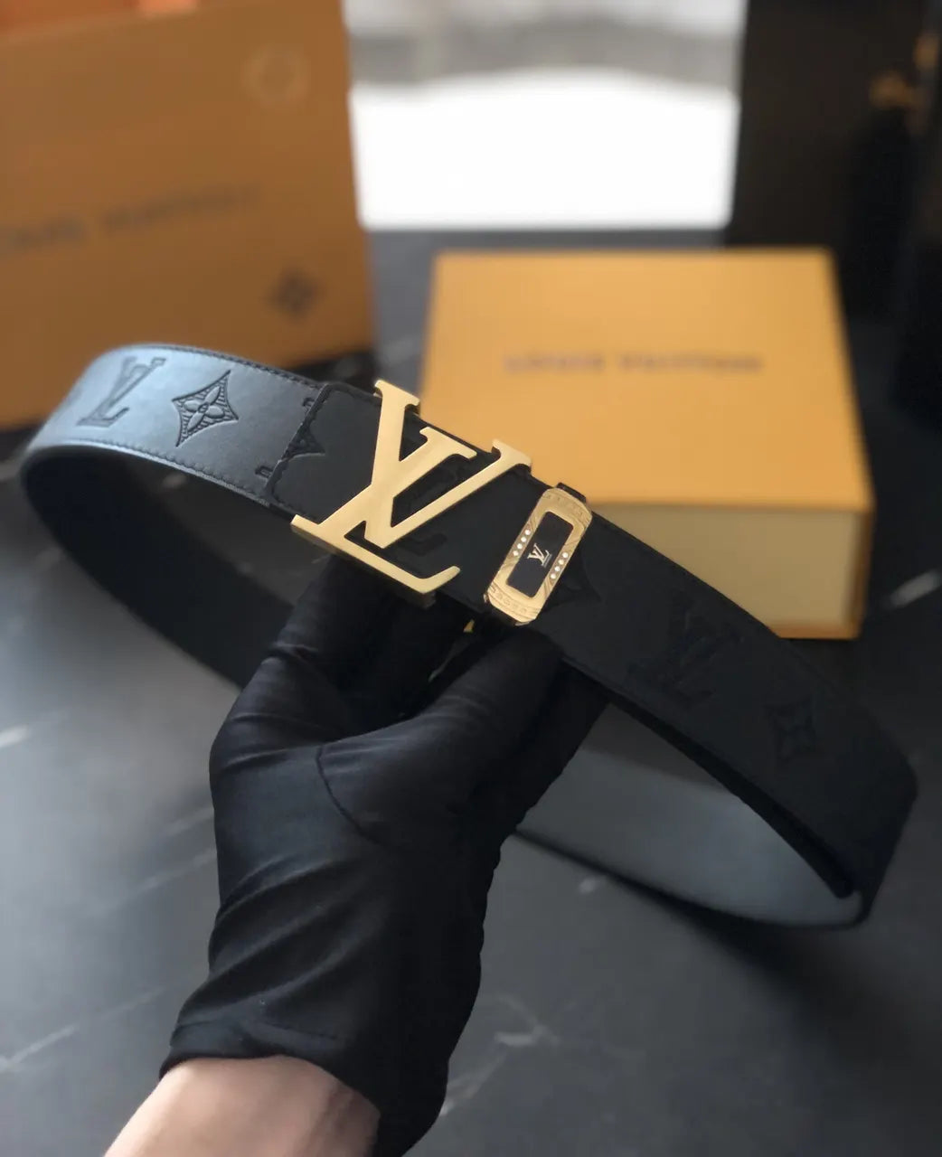 gold lv Louis Vuitton Black Embossed Belt - Hình 3