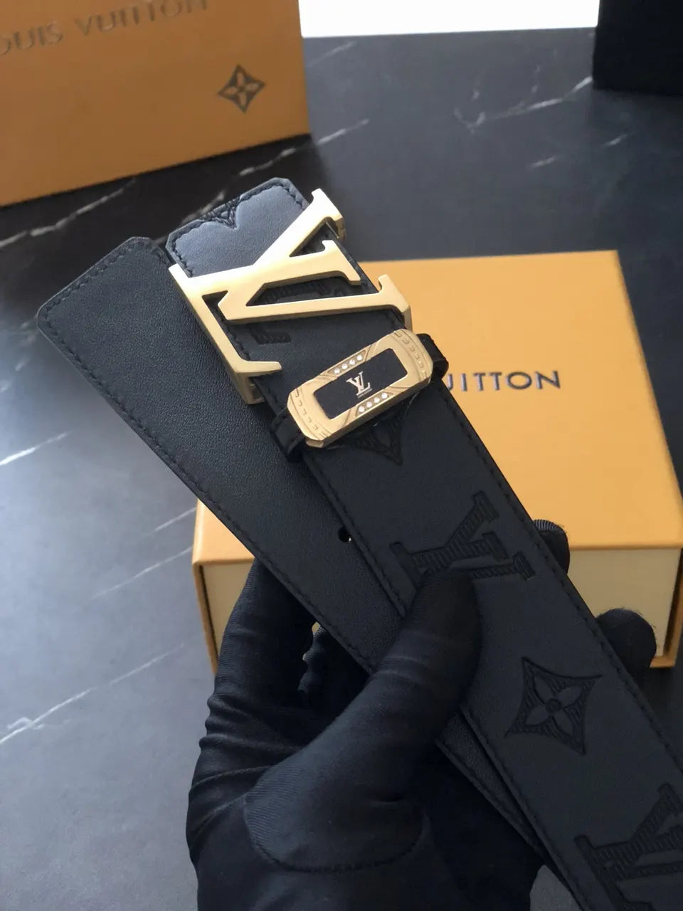 gold lv Louis Vuitton Black Embossed Belt - Hình 5