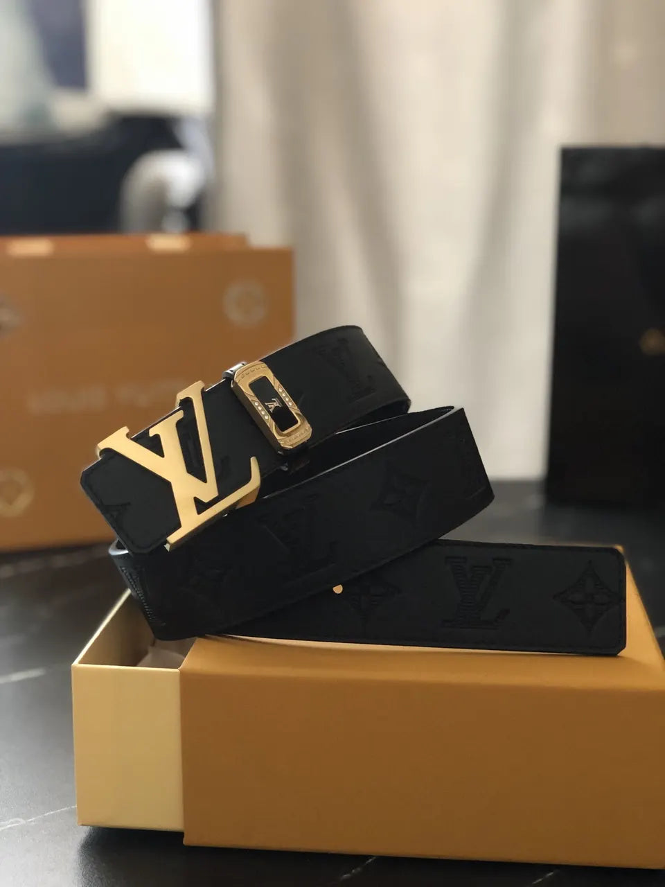 gold lv Louis Vuitton Black Embossed Belt - Hình 6