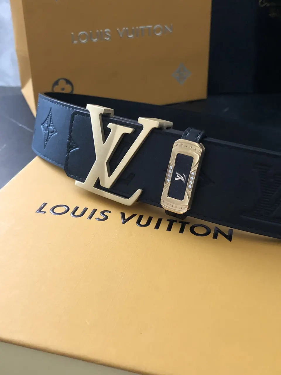 gold lv Louis Vuitton Black Embossed Belt - Hình 8