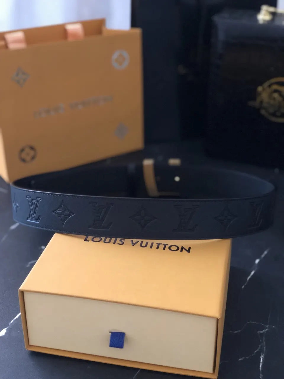 gold lv Louis Vuitton Black Embossed Belt - Hình 9