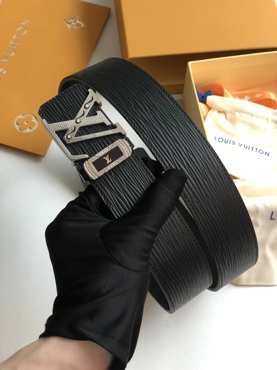 silver lv Louis Vuitton Black Epi Leather Belt