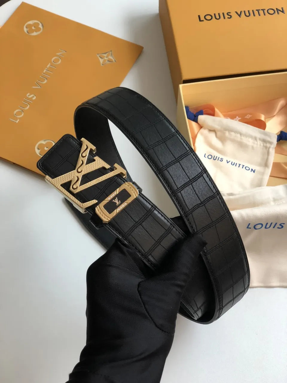 gold Louis Vuitton Black Croc Belt