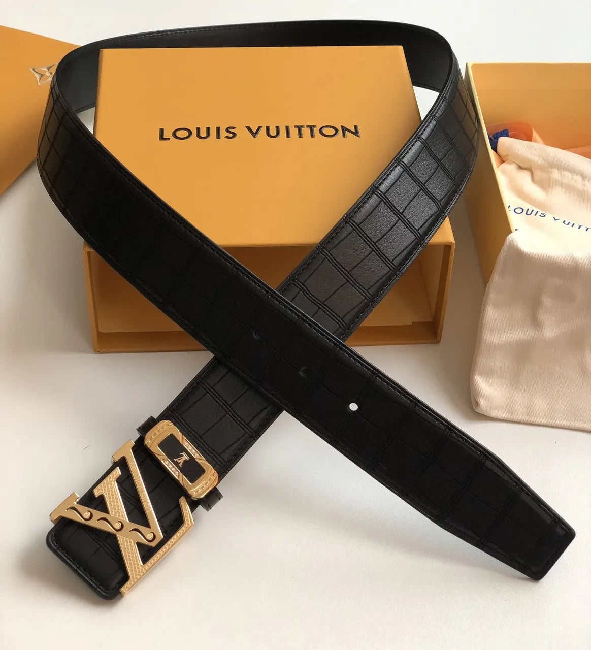 gold Louis Vuitton Black Croc Belt - Hình 2