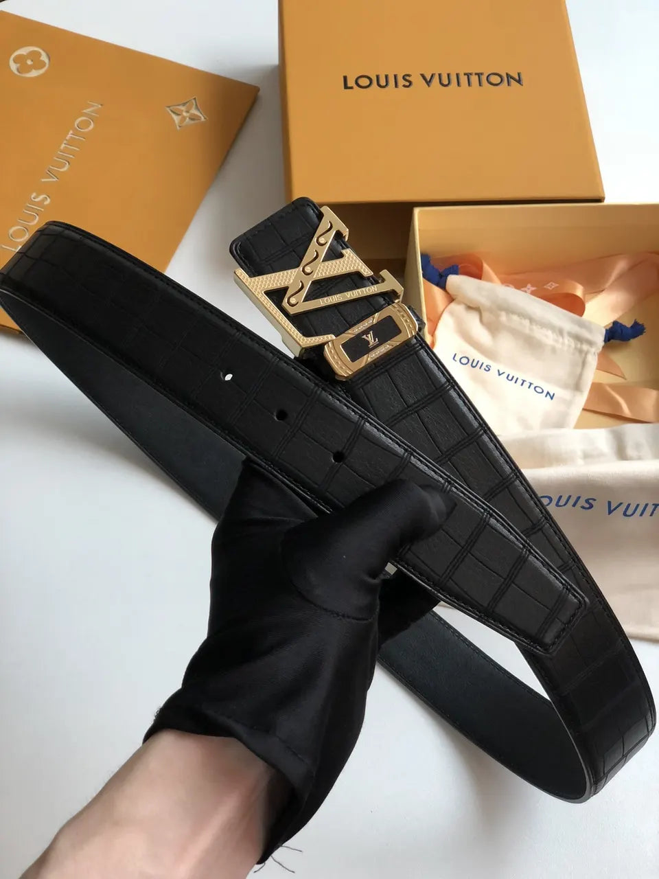gold Louis Vuitton Black Croc Belt - Hình 3