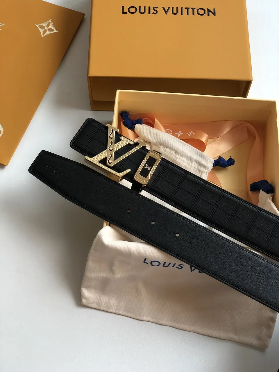 gold Louis Vuitton Black Croc Belt - Hình 4