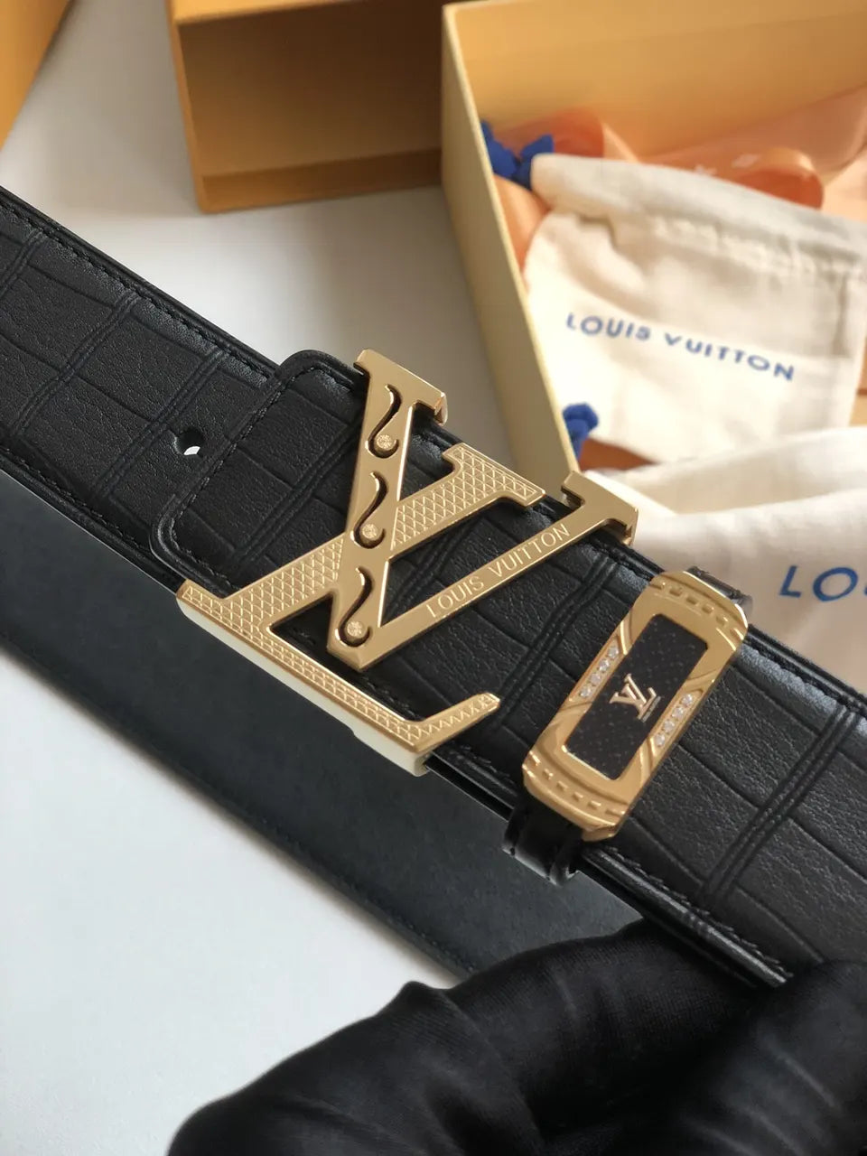 gold Louis Vuitton Black Croc Belt - Hình 5