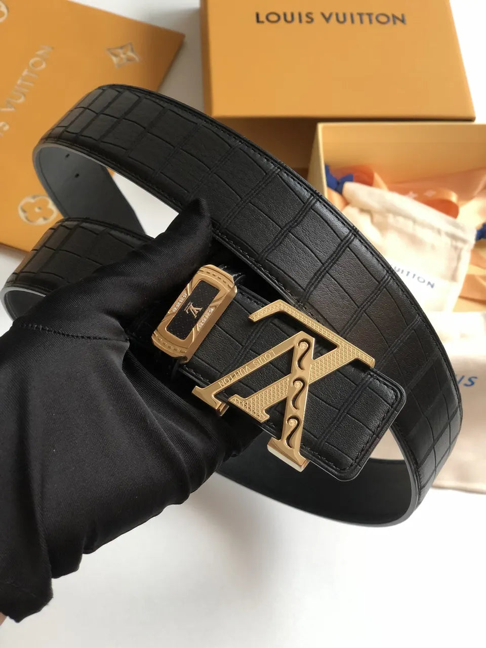 gold Louis Vuitton Black Croc Belt - Hình 6